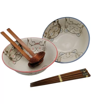 Set Ciotole Ramen In Ceramica Giapponese Edo Japan - Design "Three Cats", Confezione Regalo Elegante 3 Set Ciotole Ramen In Ceramica Giapponese Edo Japan - Design "Three Cats", Confezione Regalo Elegante