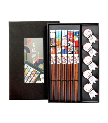 Set Bacchette Per Sushi Con Base In Ceramica Gatto - 5 Paia 3 Set Bacchette Per Sushi Con Base In Ceramica Gatto - 5 Paia