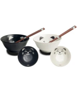 Set Ciotola Giapponese Tonda - 2 Pers - Black And White Cat | Ø15 Cm | H7 Cm