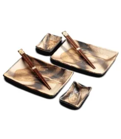 Sushi Set Da 4 Pcs Con 2 Bacchette- 2 Pers - Bianco Nero | 22x12,5 Cm | H2 Cm