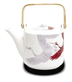 Elegante Teiera Giapponese In Porcellana Edo Japan Da 1 Litro Con Motivo Gru Rosse E Manico In Bambù