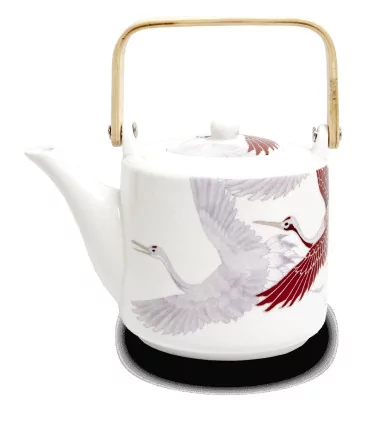 Elegante Teiera Giapponese In Porcellana Edo Japan Da 1 Litro Con Motivo Gru Rosse E Manico In Bambù 3 Elegante Teiera Giapponese In Porcellana Edo Japan Da 1 Litro Con Motivo Gru Rosse E Manico In Bambù